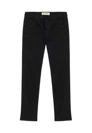 Pantaloni chino neri in cotone con vestibilità dritta, dotati di tasche frontali, zip e chiusura con bottone. Texture liscia e design minimal.
