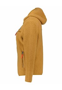 Fleecejacka i senapsgul med mjuk textur, huva och två dragkedjefickor. Har orange dragkedjan och en figurnära design.