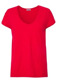 T-shirt rosso a maniche corte con scollo rotondo, realizzato in tessuto leggero, con una texture liscia e una vestibilità comoda.