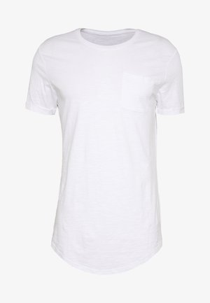 White short-sleeve T-shirt with a round neckline and a single left chest pocket. Made of soft fabric with a slightly textured finish.