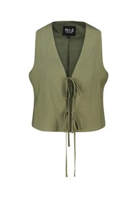 Olijfgroen mouwloze cropped vest met een diepe V-halslijn, sluiting met een strik aan de voorkant en een gladde textuur. Geen extra hardware of patroon.