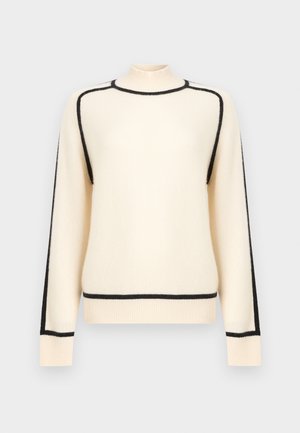 Πλεκτό πουλόβερ σε εκρού χρώμα, με ψηλό λαιμό, αντιθετικές μαύρες άκρες, άνετη εφαρμογή και μακριά μανίκια με ριμπ μανσέτες.