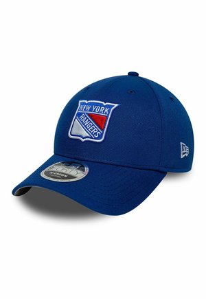 Blue adjustable baseball cap with New York Rangers logo embroidered on front and New Era logo on side.