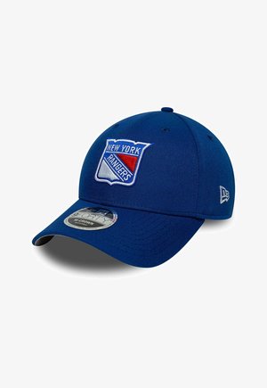 Blue adjustable baseball cap with New York Rangers logo embroidered on front and New Era logo on side.