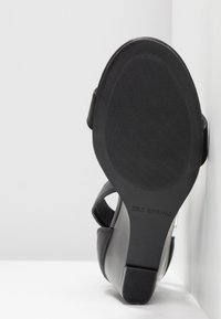 Sandale pour femmes noires avec un talon carré, vue du dessous de la semelle sur fond de coin blanc.