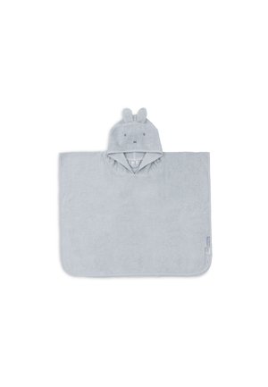 Poncho serviette à capuche bleu clair doux pour tout-petit avec des oreilles de lapin et une broderie simple du visage sur la capuche.