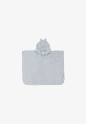 Poncho serviette à capuche bleu clair doux pour tout-petit avec des oreilles de lapin et une broderie simple du visage sur la capuche.