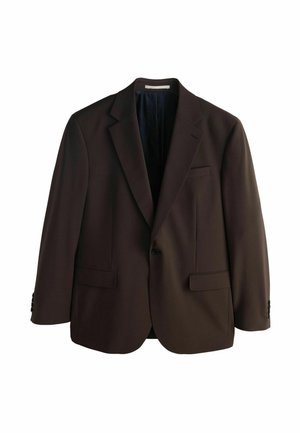Sötétbarna blézer bevágott hajtókákkal, egysoros gombolással, két elülső zsebbel és háromgombos díszítéssel az ujjakon. Sima szövetfelület.