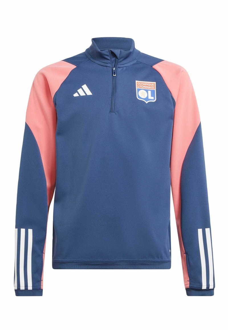 Granatowa bluza treningowa Adidas z różowymi akcentami na ramionach, pół-zamek z przodu, logo Olympique Lyonnais oraz białe detale w postaci trzech pasków na rękawach.