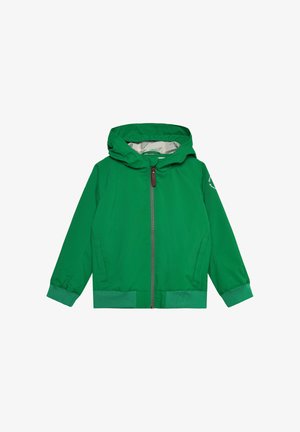 Veste coupe-vent verte, fermeture éclair à l'avant, capuche réglable, poignets élastiques, deux poches latérales, extérieur lisse et doublure intérieure contrastante.