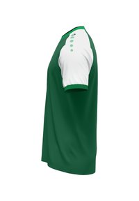 Grünes kurzärmeliges Hemd mit einem einfarbigen Design, weißen Ärmeln und fünf grünen Knöpfen am Ausschnitt. Glatte Textur, lässige Passform.