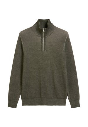 Donkergroen gebreide pullover met een hoge kraag en halve rits. Voorzien van een ribbeltextuur en boorden, eenvoudig ontwerp zonder versieringen.