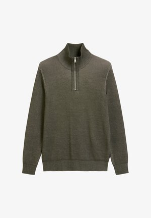 Ciemnozielony sweter dzianinowy z wysokim kołnierzem i półzamek. Charakteryzuje się teksturą prążkowaną oraz mankietami, prosty design bez ozdób.