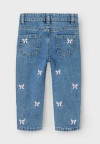 Blaue Jeansshorts mit gestickten rosa Schleifchen an den vorderen und hinteren Taschen, gerader Schnitt und umgeschlagenen Säumen.