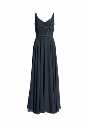 Nachtblauwe avondjurk met een lijfje van kant met pailletten, een nauwsluitende taille en een vloeiende, geplooide chiffonrok. Verstelbare bandjes inbegrepen.