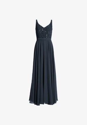 Robe de soirée bleu marine avec un corsage en dentelle pailletée, une taille cintrée et une jupe en chiffon plissé fluide. Bretelles ajustables incluses.