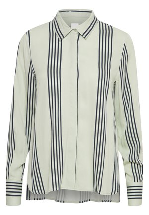 Light green button-up shirt with navy vertical stripes, collar, long sleeves, and rounded hem. Smooth fabric with a slightly loose fit.
