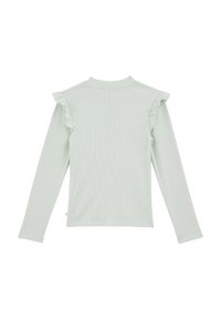 Mint zelena majica z dolgimi rokavi ribaste teksture, z nabranimi poudarki na ramah in visokim ovratnikom. Zadnji pogled.