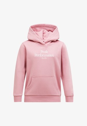 Sweat à capuche rose en tissu doux avec manches longues, grande capuche, poche avant, et texte blanc indiquant "Peak Performance Est. 1986."