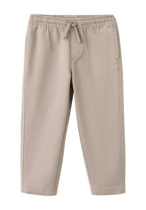 Bež hlače z elastičnim pasom in vrvico za zavezovanje, ravnimi hlačnicami in stranskimi žepi, narejene iz mehke, lahke tkanine.