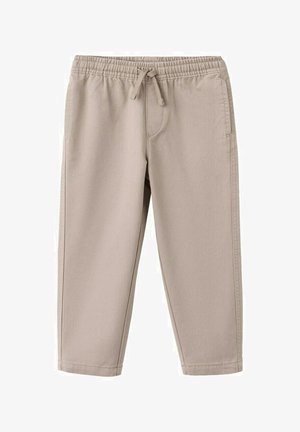 Bež hlače sa elastičnim strukom i vezicom, ravnim nogavicama i bočnim džepovima, izrađene od mekanog, laganog tkanina.