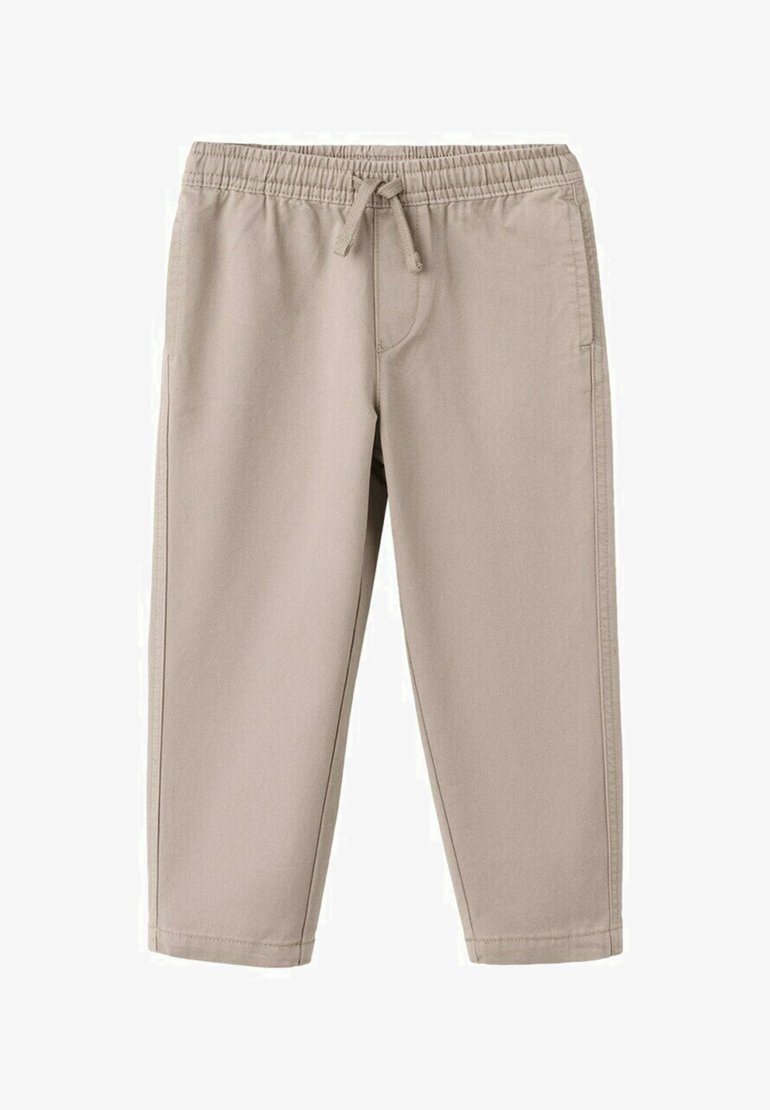 Béžové nohavice s elastickým pásom a sťahovacou šnúrkou, rovné nohavice a bočné vrecká, vyrobené z mäkkého, ľahkého materiálu.