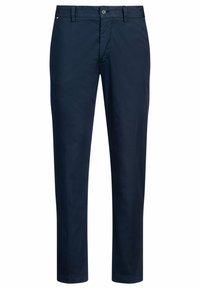 Navy blue cotton trousers featuring a straight leg design, front pockets, a button closure, and smooth fabric texture.
