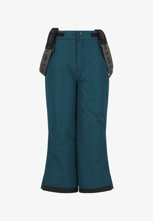 Pantalons de neige teal avec bretelles noires ajustables, deux boutons, fermeture velcro et poignets renforcés noirs. Comprend des poches latérales et un détail de logo.