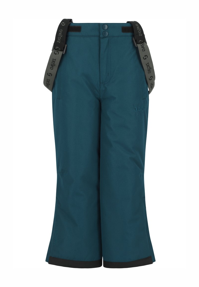 Teal snebukser med justerbare sorte stropper, to knapper, velcro-lukning og forstærkede sorte manchetter. Har sidelommer og logo-detalje.