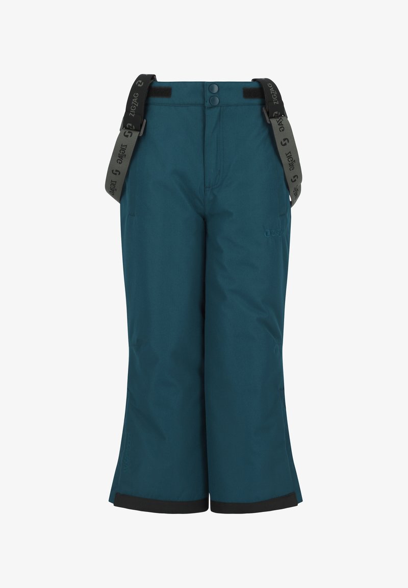 Teal snebukser med justerbare sorte stropper, to knapper, velcro-lukning og forstærkede sorte manchetter. Har sidelommer og logo-detalje.