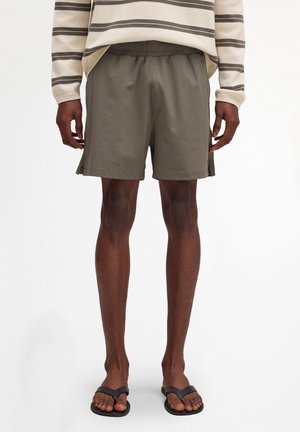 Uomo che indossa pantaloncini verde oliva, maglione a righe beige e marrone, e infradito nere, in piedi davanti a uno sfondo bianco uniforme.