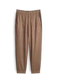 Braune, weichtexturierte Hose mit elastischem Bund, seitlichen Taschen und tapered Beinschnitt. Glattes Gewebe mit einem dezenten Glanz.
