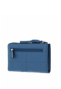 Blue leather wallet featuring a zippered compartment, stitched grid pattern, and a textured strap handle. Compact and rectangular shape.