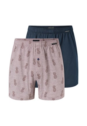 Dwie pary bokserek: jedne gładkie granatowe, drugie jasnoszare z małym wzorem ananasa. Obie mają elastyczny pas i przedni guzik.