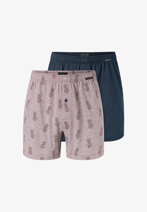 Dwie pary bokserek: jedne gładkie granatowe, drugie jasnoszare z małym wzorem ananasa. Obie mają elastyczny pas i przedni guzik.