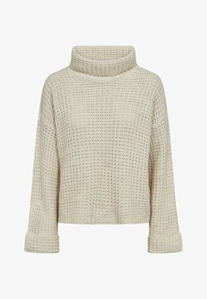 Béžový tmavý pletený rolákový sveter s dlhými rukávmi a preklopenými manžetami, zdobený textúrovaným vafľovým vzorom.