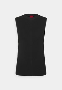 Czarny top bez rękawów o dopasowanym kroju, z okrągłym dekoltem i prążkowaną fakturą. Wnętrze metki jest czerwone.