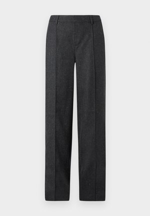 Dunkelgraue maßgeschneiderte Hose mit geradem Beinschnitt, strukturiertem Stoff und subtilen Sprenkeln. Verfügt über einen flachen Bund und Gürtelschlaufen.