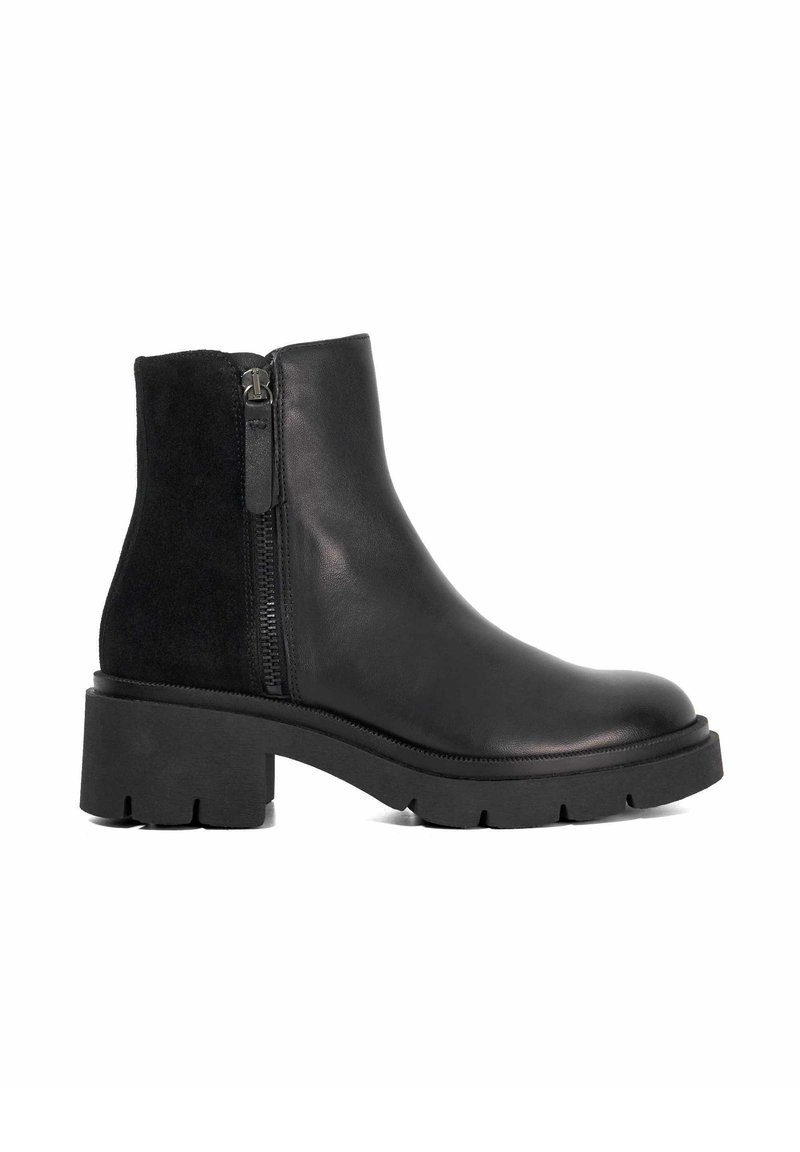 Black ankle boots featuring a combination of smooth leather and suede. Chunky rubber sole with a side zipper detail.
