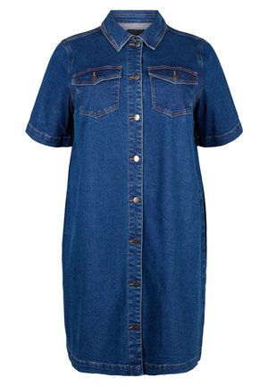 Denim shirt dress in dark blue, short sleeves, button-up front, two chest pockets, and contrast stitching details. Smooth texture.