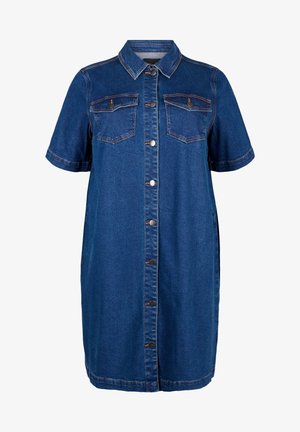 Tumedast sinise denimi särk-kleit, lühikeste varrukatega, nööbiga ees, kahe rinnataskuga ja kontrastsete õmbluste üksikasjadega. Sile tekstuur.