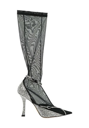 Sort mesh knæhøj stiletstøvle med rhinsten-beklædt spids og hæl, med en ankelsrem med rhinsten og spænde.