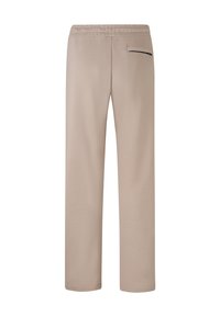 Beige sweatpants met een trekkoord in de taille, rechte benen en een achterzak met rits. Zachte stof met een gladde textuur en geen zichtbare patronen.