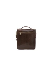 Borsa in pelle marrone di forma quadrata, con manico robusto, tasca frontale con zip e una texture liscia. Presenta dettagli in metallo dorato.