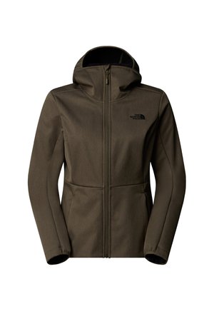 Olijfgroen jack met een rits, capuchon en fleece voering. Kenmerkt een logo, aangesloten mouwen en een gladde textuur.
