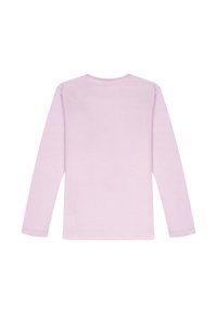 Lange mouwen t-shirt in licht lavendelkleurige stof, met een eenvoudig ontwerp en ronde hals. Glad textuur, effen achterkant zonder versieringen.