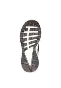 Zwarte sportlaufschoen met een outsole van rubber met een gestructureerd oppervlak, verhoogde grippatronen en een witte tussenzoolaccent.