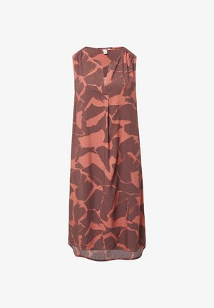 Mouwloze jurk in aardetinten met een abstract patroon in bruin en koraal, gemaakt van zachte stof met een relaxte pasvorm, knielange ontwerp.