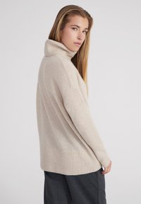 Pull col roulé en tricot beige et doux avec des poignets et un ourlet côtelés. Coupe décontractée, avec des épaules tombantes et une texture lisse.