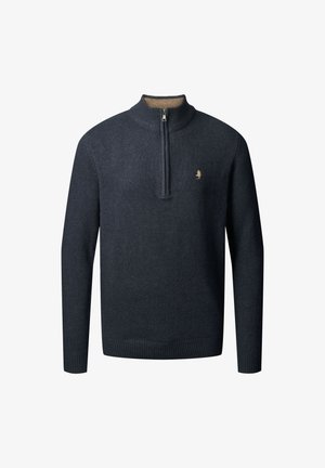 Maglione a maniche lunghe blu navy con colletto a zip quarti, polsini e fondo a coste, e un piccolo logo dorato sul petto. Realizzato in tessuto testurizzato.